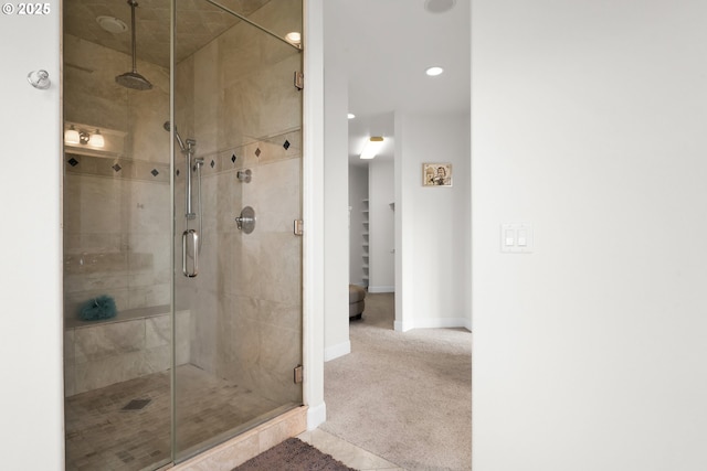 90955 Southview Ln, Florence, OR 97439 - full bathroom with a shower stall, baseboards, and recessed lighting