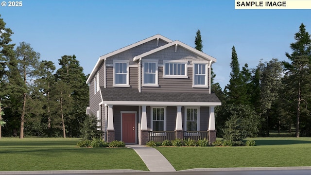 craftsman inspired home with brick siding, a porch, a front lawn, and a shingled roof