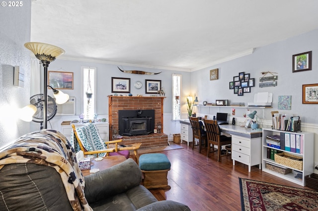 4635 Daisy St, Springfield, OR 97478 - living room featuring wood finished floors, ornamental molding, a wood stove, and an office area