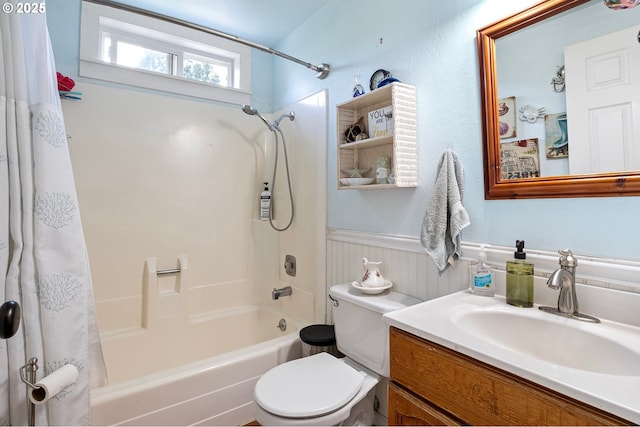 4635 Daisy St, Springfield, OR 97478 - bathroom featuring shower / bath combo, vanity, and a wainscoted wall