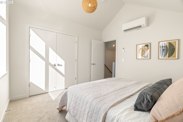 carpeted bedroom featuring an AC wall unit, baseboards, and high vaulted ceiling