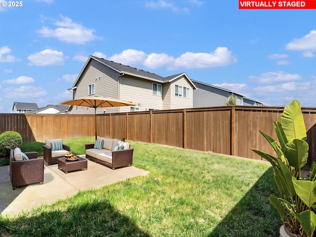 1555 Nolan Ave SE, Albany, OR 97322 - view of yard featuring an outdoor living space with a fire pit and a patio