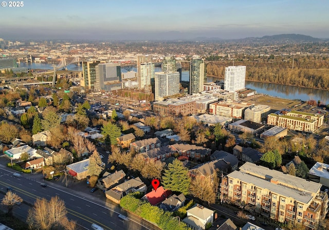 bird's eye view with a water view