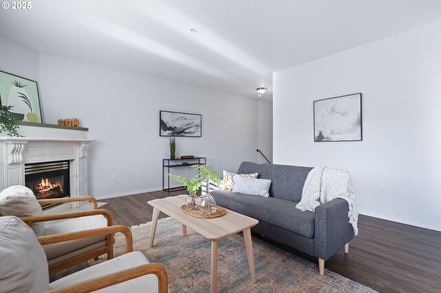 living room with dark hardwood / wood-style flooring