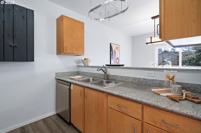 kitchen featuring dark hardwood / wood-style flooring, sink, pendant lighting, and stainless steel dishwasher