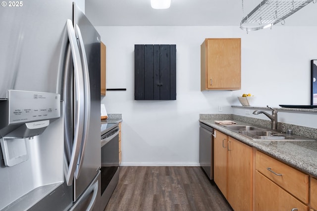 kitchen with stainless steel appliances, sink, and dark wood-type flooring