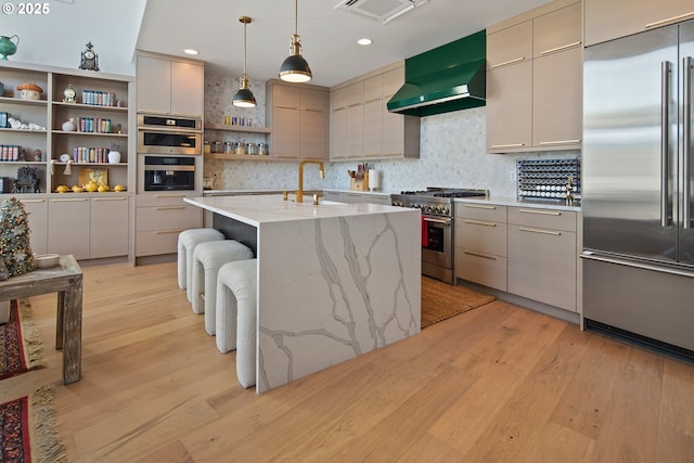 kitchen with open shelves, high end appliances, modern cabinets, wall chimney exhaust hood, and a sink