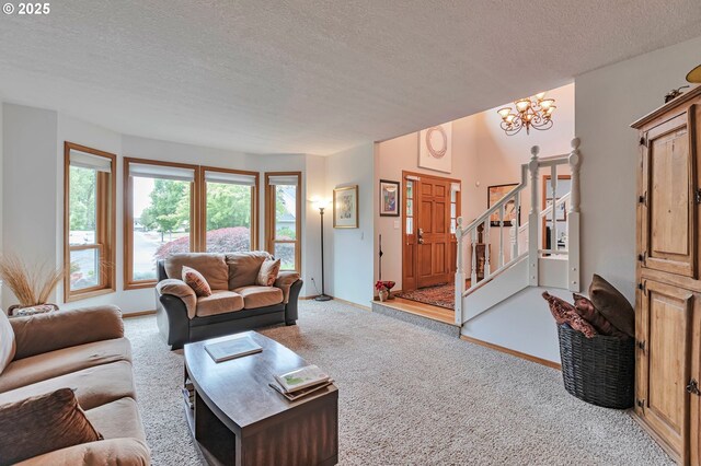 19642 SW 56th Ct, Tualatin, OR 97062 - living room with light carpet, a chandelier, a textured ceiling, baseboards, and stairway