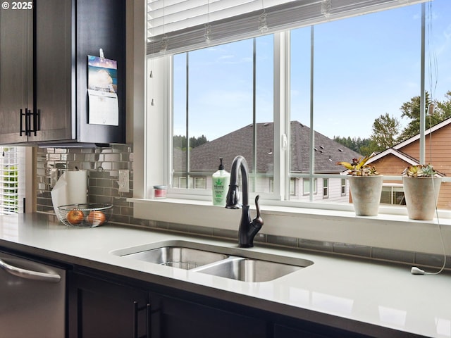 kitchen featuring tasteful backsplash, dark brown cabinets, sink, and stainless steel dishwasher