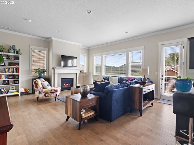 living room with crown molding, light hardwood / wood-style flooring, and a textured ceiling