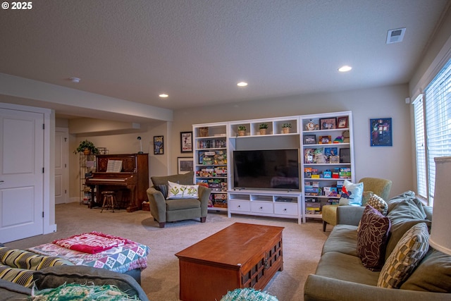 carpeted living room with a textured ceiling