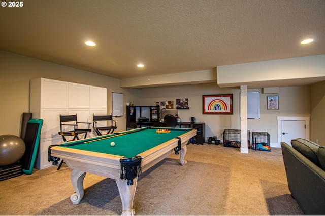 game room featuring light carpet, a textured ceiling, and billiards