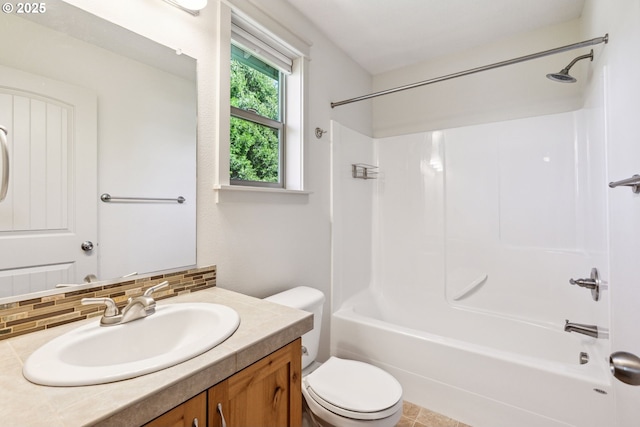 201 Selkirk Ln, Hood River, OR 97031 - full bath featuring vanity, toilet, decorative backsplash, and shower / washtub combination