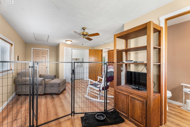 interior space featuring ceiling fan, light hardwood / wood-style flooring, and a textured ceiling