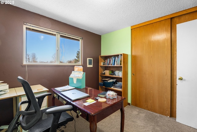 office area featuring carpet and a textured ceiling