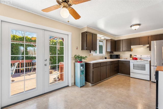 kitchen featuring sink, fridge, white electric range oven, dark brown cabinetry, and french doors