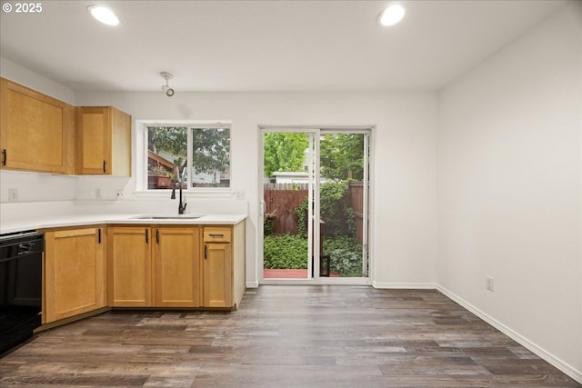 8527 N Princeton St, Portland, OR 97203 - kitchen with black dishwasher, recessed lighting, dark wood-type flooring, and light countertops