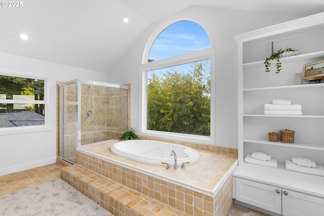 6322 Pony Ct, West Linn, OR 97068 - full bathroom with a bath, vaulted ceiling, a stall shower, plenty of natural light, and recessed lighting