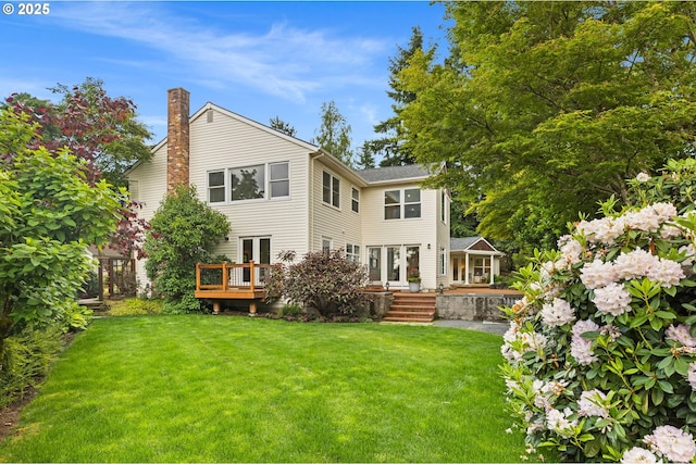 6322 Pony Ct, West Linn, OR 97068 - back of property featuring a chimney, a yard, french doors, and a deck