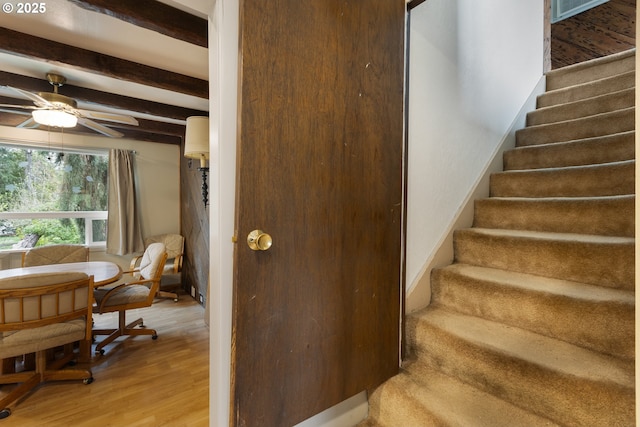 939 Buckhorn Rd, Roseburg, OR 97470 - stairs featuring beam ceiling, a ceiling fan, and wood finished floors
