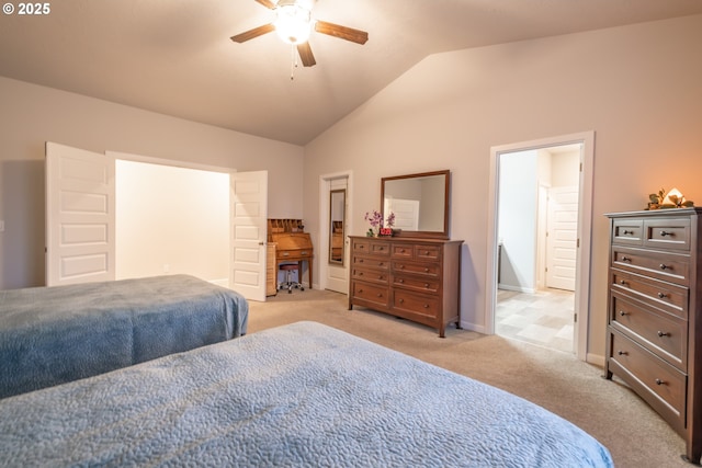 bedroom featuring lofted ceiling, light carpet, baseboards, and a ceiling fan