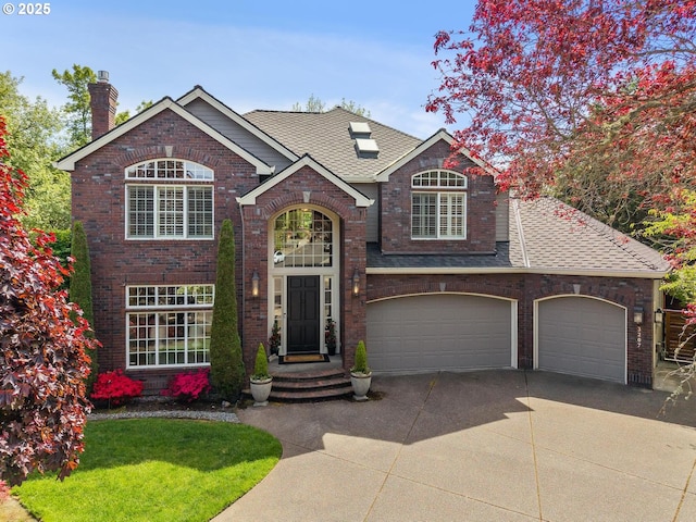 traditional home with brick siding, concrete driveway, a chimney, roof with shingles, and an attached garage
