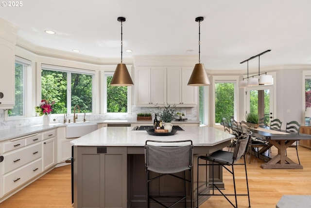 kitchen featuring a sink, plenty of natural light, backsplash, white cabinetry, and ornamental molding