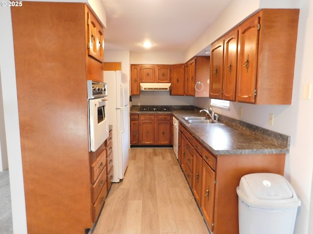 kitchen featuring sink, white appliances, and light hardwood / wood-style floors