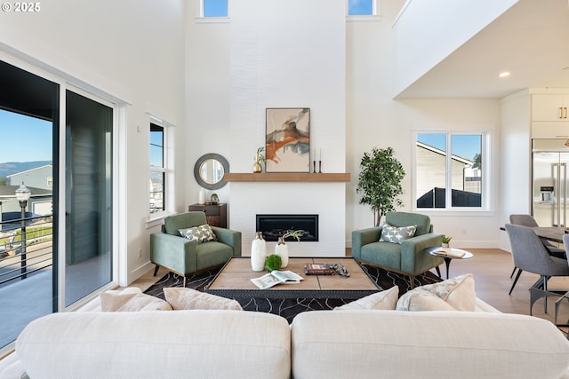 living room with a mountain view, light hardwood / wood-style floors, a large fireplace, and a high ceiling