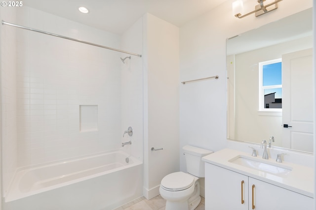 full bathroom with toilet, vanity, tile patterned floors, and  shower combination