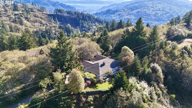 17130 Eastwood Ln, Brookings, OR 97415 - view from above of property with a heavily wooded area, property boundaries highlighted, and a mountain backdrop