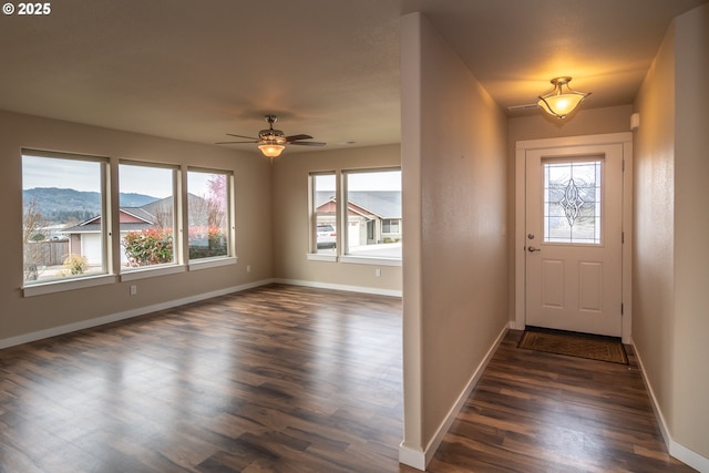 foyer with a ceiling fan, dark wood-type flooring, baseboards, and a mountain view