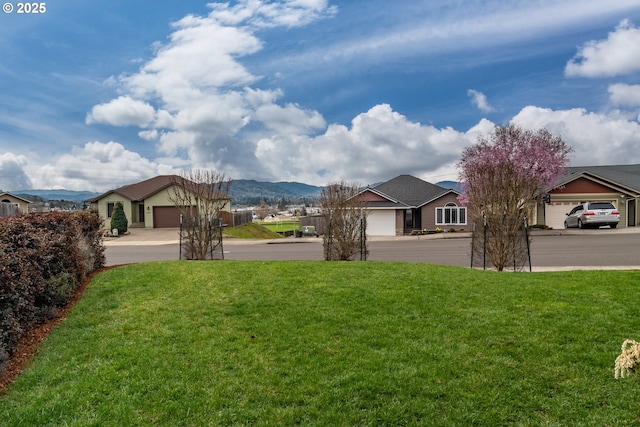 view of yard with concrete driveway, a garage, and a mountain view