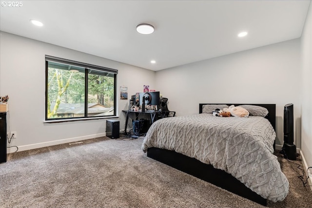 carpeted bedroom with recessed lighting and baseboards