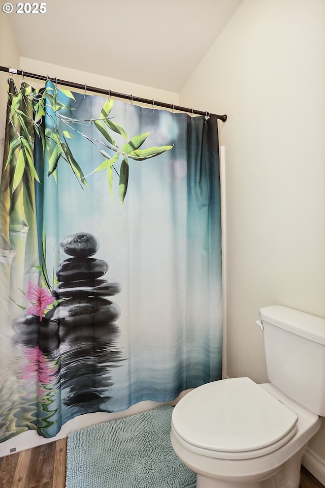 bathroom with curtained shower, toilet, and wood finished floors