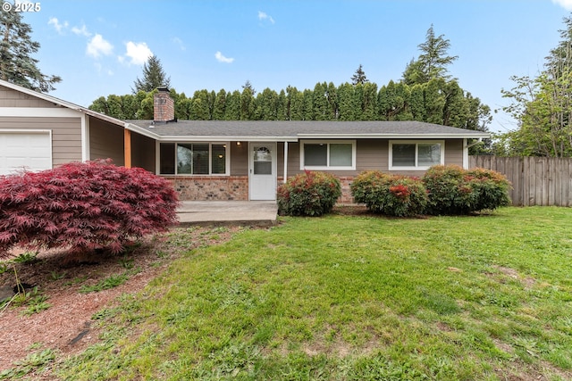 14613 NE 35th St, Vancouver, WA 98682 - ranch-style house featuring fence, covered porch, a front yard, a chimney, and brick siding