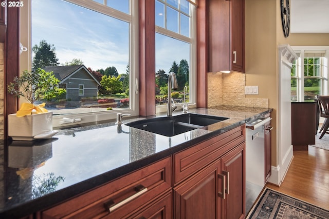 10000 NE 114th Cir, Vancouver, WA 98662 - kitchen featuring a sink, dishwasher, dark stone countertops, wood finished floors, and decorative backsplash