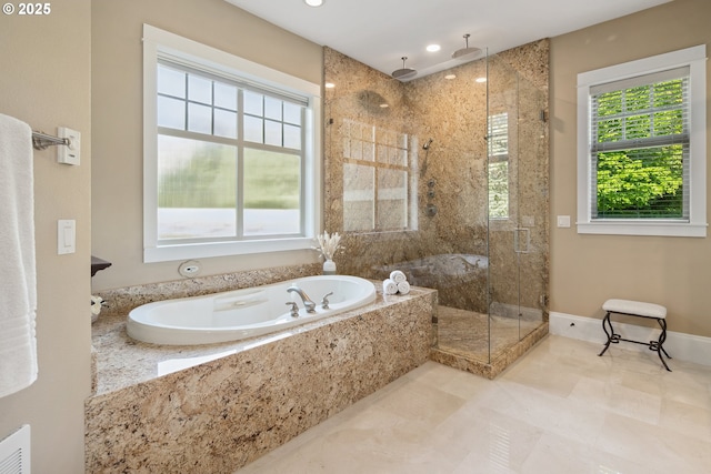 10000 NE 114th Cir, Vancouver, WA 98662 - bathroom with a bath, a stall shower, recessed lighting, tile patterned flooring, and baseboards