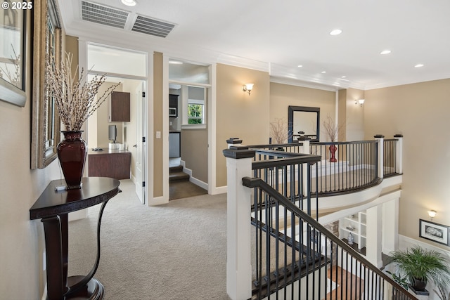 10000 NE 114th Cir, Vancouver, WA 98662 - hallway with carpet floors, an upstairs landing, recessed lighting, baseboards, and crown molding