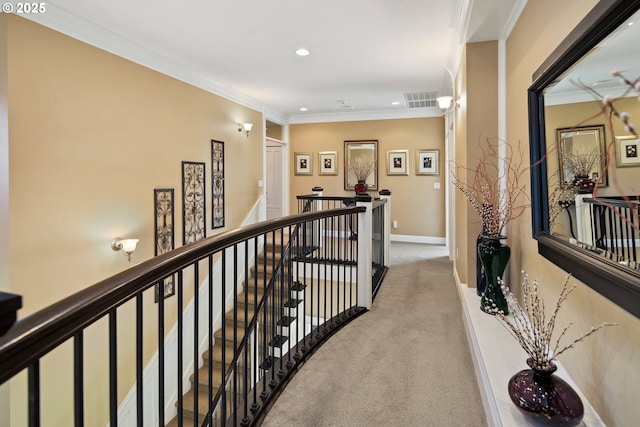 10000 NE 114th Cir, Vancouver, WA 98662 - corridor with an upstairs landing, ornamental molding, light carpet, recessed lighting, and baseboards