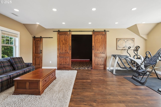 10000 NE 114th Cir, Vancouver, WA 98662 - living room with a barn door, vaulted ceiling, dark wood finished floors, recessed lighting, and baseboards
