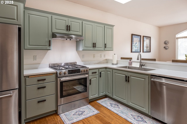 kitchen featuring sink, stainless steel appliances, light hardwood / wood-style floors, green cabinetry, and kitchen peninsula