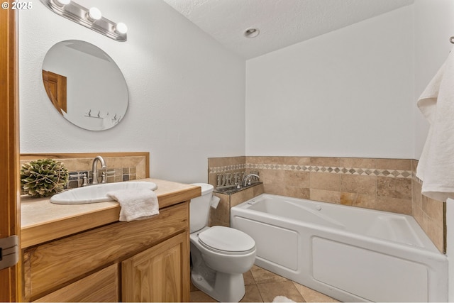 123 Scenic View Dr, Longview, WA 98632 - bathroom with a garden tub, vanity, vaulted ceiling, tile patterned floors, and a textured ceiling