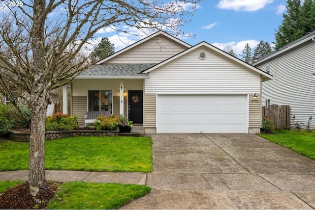 ranch-style home featuring fence, a front yard, roof with shingles, a garage, and driveway