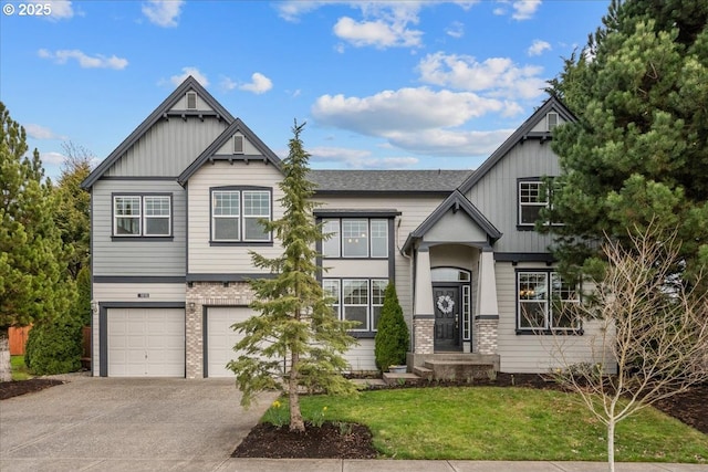 craftsman-style home featuring brick siding, a shingled roof, a front lawn, concrete driveway, and an attached garage