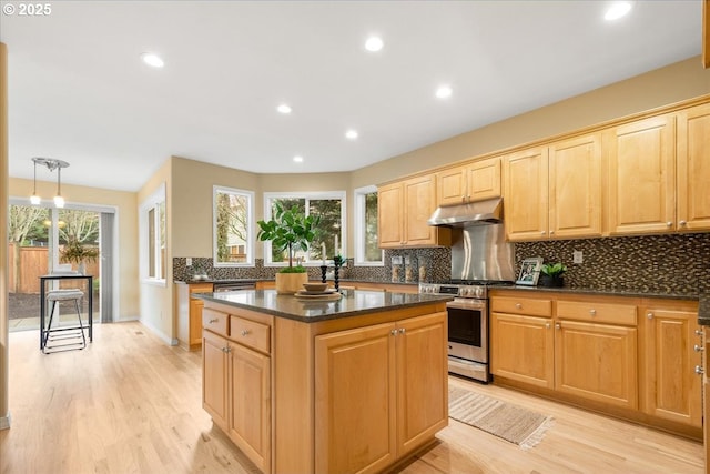 kitchen with backsplash, a center island, under cabinet range hood, light wood-type flooring, and stainless steel gas range