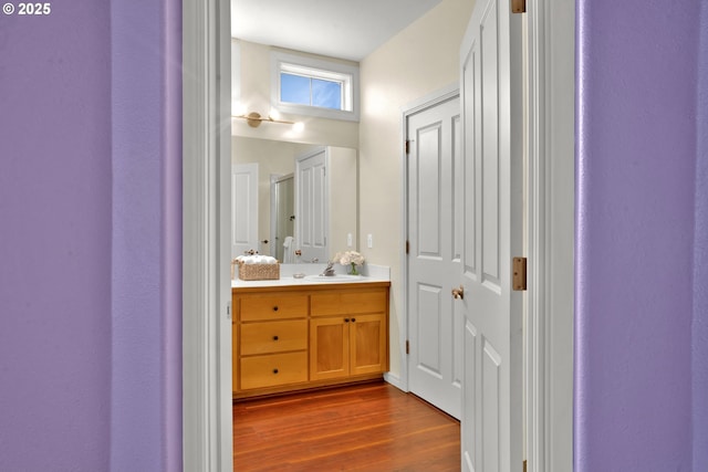 bathroom with vanity and hardwood / wood-style flooring