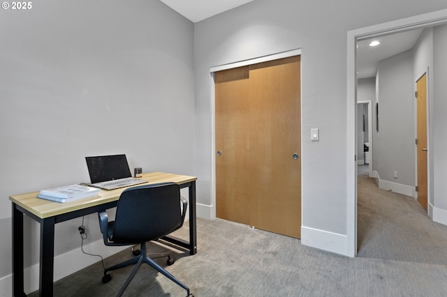 home office featuring light carpet