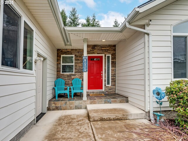 2260 Ibsen Ave, Cottage Grove, OR 97424 - property entrance with a porch and stone siding