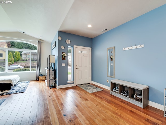 2260 Ibsen Ave, Cottage Grove, OR 97424 - entryway featuring hardwood / wood-style floors, vaulted ceiling, and recessed lighting